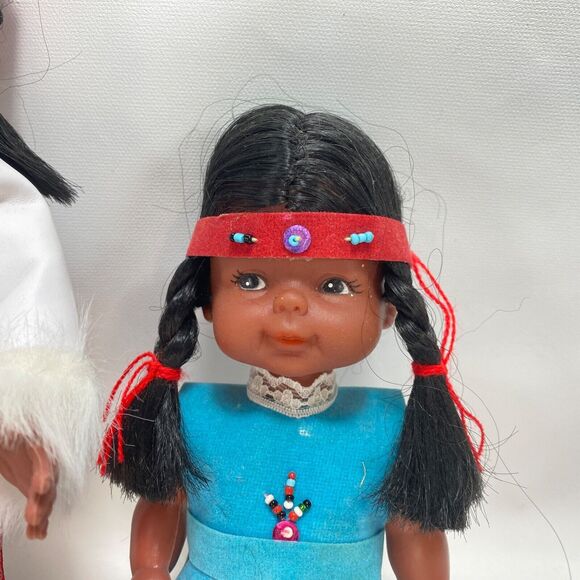 Vintage Indigenous Native American Dolls 11"-8" Plastic Beaded Clothing Sisters - Picture 3 of 8